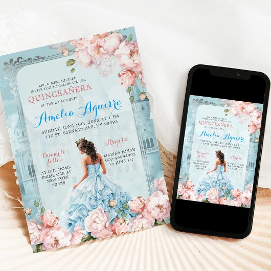 Sprookje Koninklijk Kasteel Roze Blauw Quinceañera Kaart