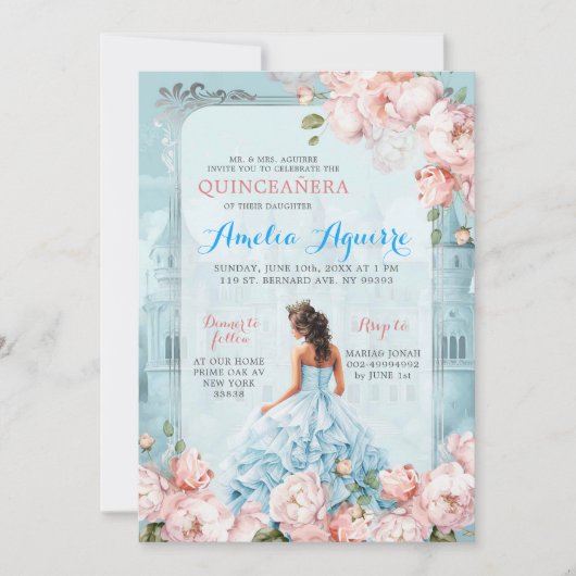 Sprookje Koninklijk Kasteel Roze Blauw Quinceañera Kaart (Voorkant)