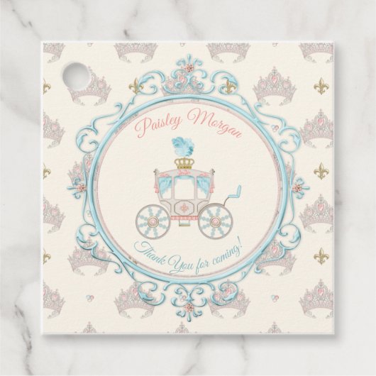 Sprookje Koninklijke Prinses Carriage Blush Aqua Bedankjes Labels (Voorkant)