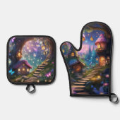 Sprookje magisch dorp ovenwant & pannenlap set (Voorkant)