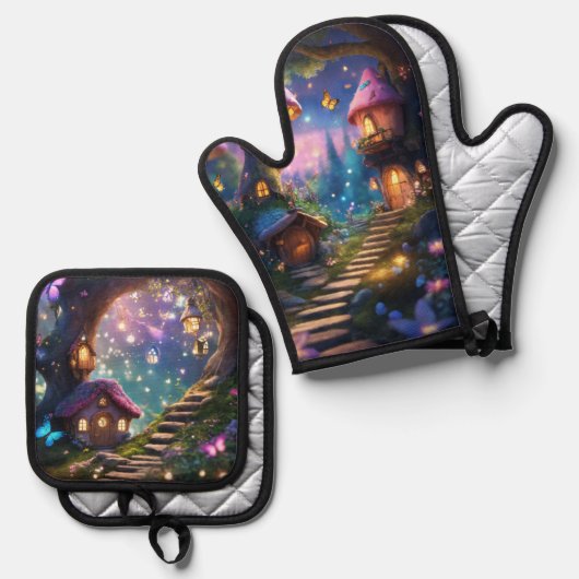 Sprookje magisch dorp ovenwant & pannenlap set (Voorkant / Achterkant)