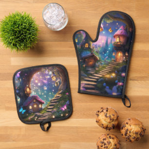 Sprookje magisch dorp ovenwant & pannenlap set