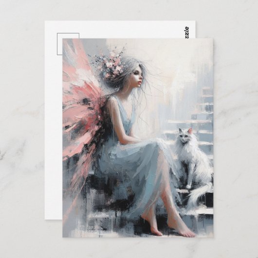 Sprookje met witte kat op de trap briefkaart (Voorkant / Achterkant)