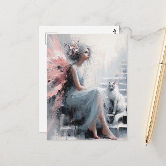 Sprookje met witte kat op de trap briefkaart (Voorkant / Achterkant in situ)