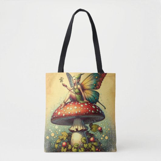  Sprookje op een Retro Mushroom Sprookje Tote Bag (Voorkant)