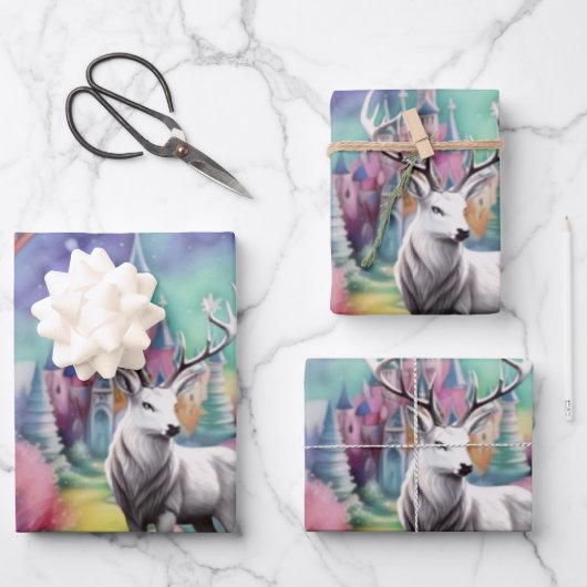 Sprookje Paarse en Blauwgroen Waterverf Witte Stag Inpakpapier Vel (Voorkant)