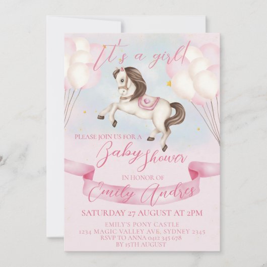 Sprookje Pony Stars Roze Ballons Baby shower Kaart (Voorkant)