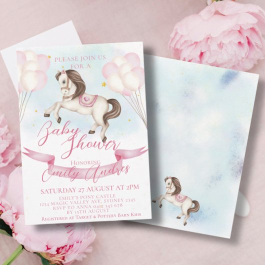Sprookje Pony Stars Roze Ballons Baby shower Kaart