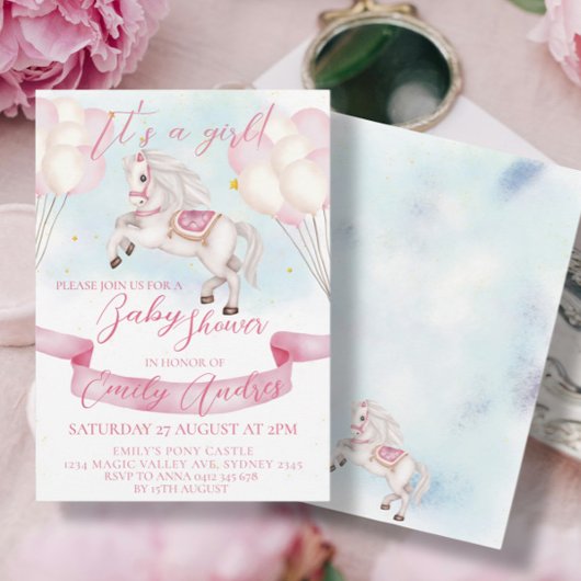 Sprookje Pony Stars Roze Ballons Baby shower Kaart