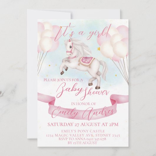 Sprookje Pony Stars Roze Ballons Baby shower Kaart (Voorkant)
