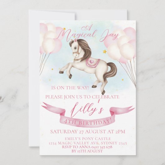 sprookje Pony sterren roze ballonnen verjaardagsfe Kaart (Voorkant)