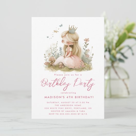 Sprookje Prinsessen Roze Verjaardagsfeest Kaart (Staand voorkant)