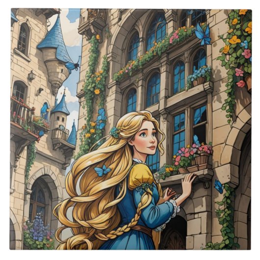 Sprookje - Rapunzel. Mooi goudkleurig haar Tegeltje (Voorkant)