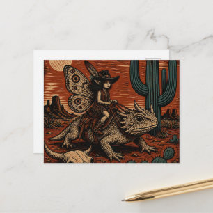 Sprookje rijdt op haar hagedis in de woestijn briefkaart