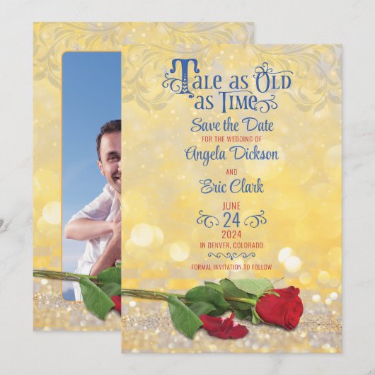 Sprookje Rood Rose Gouden Ballroom Bruiloft Save The Date (Voorkant / Achterkant)