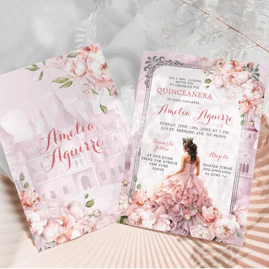 Sprookje Royal Castle Blush Roze Quinceañera Kaart