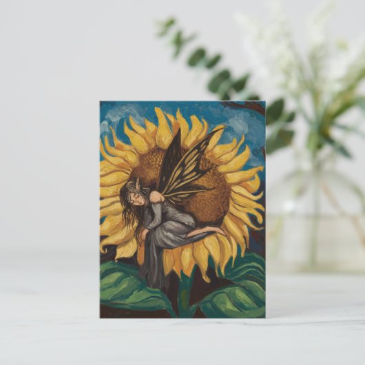 Sprookje Slapen op een Zonnebloem Schilderij Briefkaart (Staand voorkant)