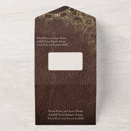 Sprookje thema gouden kasteel op  leer all in one uitnodiging (Buitenkant)