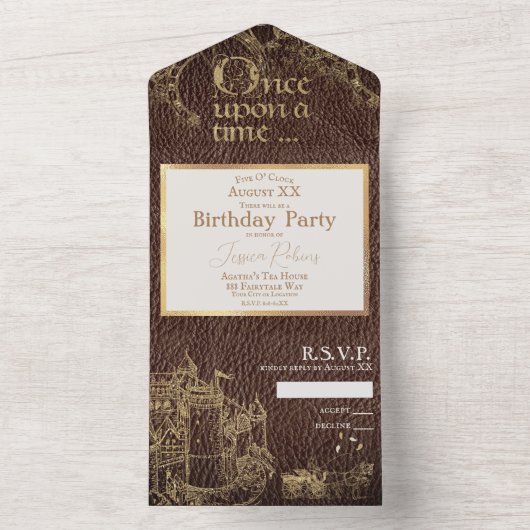 Sprookje thema gouden kasteel op  leer all in one uitnodiging (Binnen)