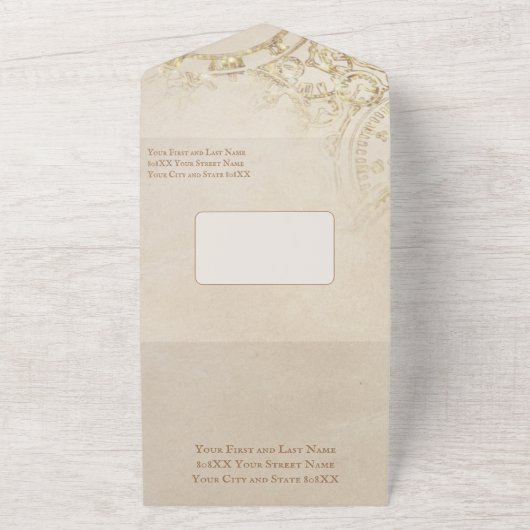 Sprookje Thema Kasteel Carriage Gold  All In One Uitnodiging (Buitenkant)