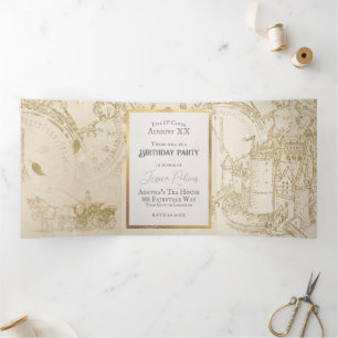 Sprookje Thema Kasteel Carriage Gold Glitter Drieluik Uitnodiging