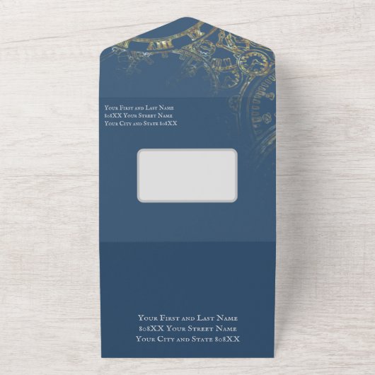 Sprookje Thema Kasteel Carriage Gold & Navy Blue All In One Uitnodiging (Buitenkant)