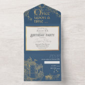 Sprookje Thema Kasteel Carriage Gold & Navy Blue All In One Uitnodiging (Binnen)