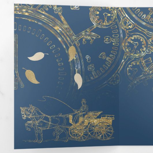 Sprookje Thema Kasteel Carriage Gold & Navy Blue Drieluik Uitnodiging (Binnenzijde eerst)