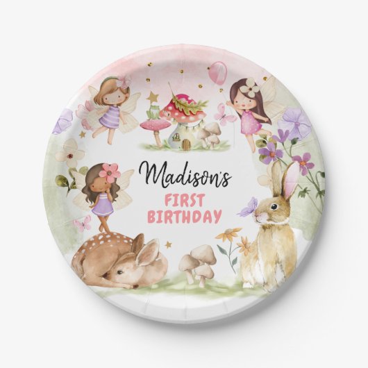 Sprookje Verjaardag 1e betoverde Bos Meisje Bloeme Papieren Bordje (Voorkant)