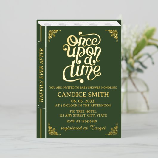 Sprookje Whimsical Book Hoesje Groen Baby shower Folie Uitnodiging (Staand Voorkant)