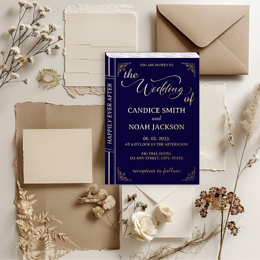 Sprookje Whimsical Book Hoesje Navy Blue Wedding Folie Uitnodiging