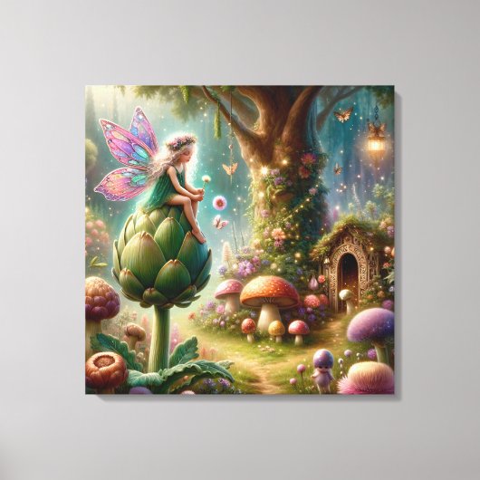 Sprookje zittend op een artisjok Magische Illustra Canvas Afdruk (Voorkant)