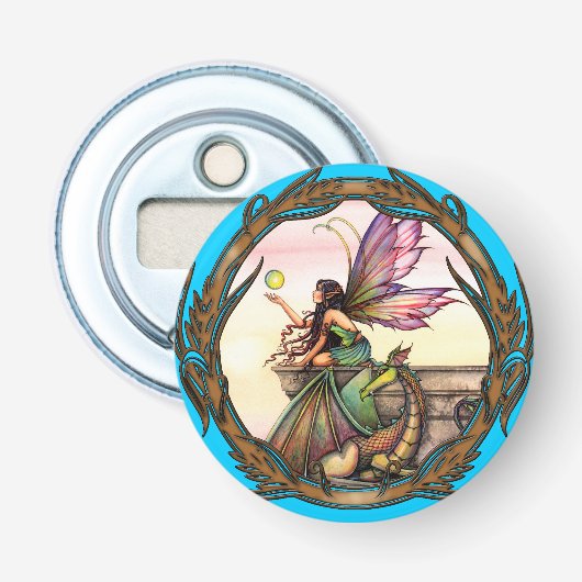 Sprookjes- en drakenfantasie kunst van Molly Harri Button Flesopener (Voorkant)