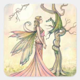 Sprookjes- en drakenfantasie kunststickers vierkante sticker