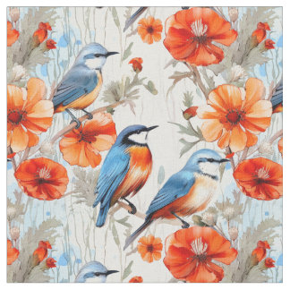 Sprookjes en oranje papaverbloemen met vogeltjes stof