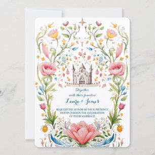 Sprookjes Kapel Pastel Waterverf Bloem Bruiloft Kaart