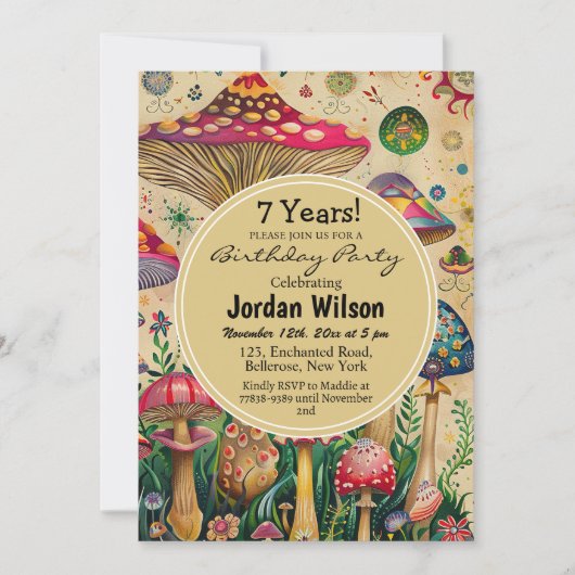 Sprookjes Paddenstoelen 7e Verjaardagsfeestje Kaart (Voorkant)