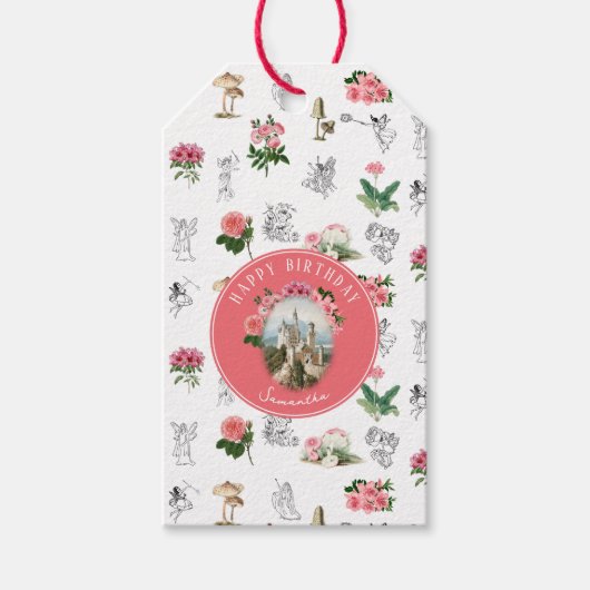 Sprookjes Roze Bloemige Paddenstoel Feeënkasteel V Cadeaulabel (Voorkant)