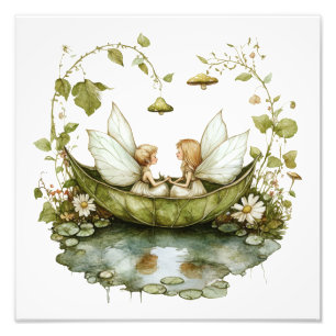 Sprookjes Vrienden, Magisch, Blad Boot, Waterverf Foto Afdruk