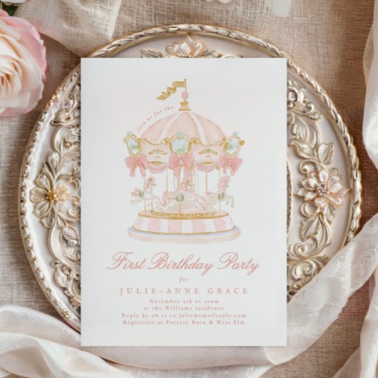 Sprookjesachtig Blush Pink Girl Carrousel Verjaard Kaart