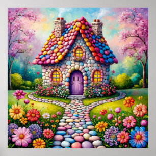 Sprookjesachtig huisje met levendige bloementuin poster