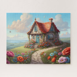 Sprookjesachtig huisje met rode dak bloementuin legpuzzel