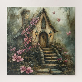 Sprookjesachtig huisje met roze bloemen legpuzzel