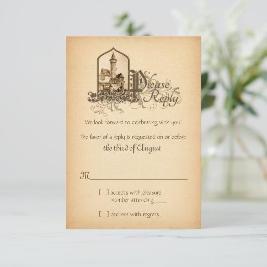 Sprookjesachtig middeleeuws kasteel eens upon brui RSVP kaartje (Staand voorkant)