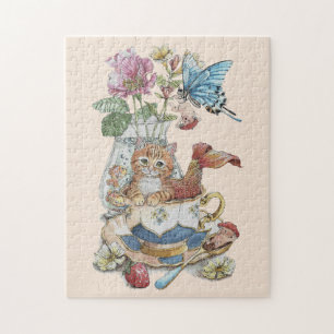 Sprookjesachtige Aquarel Purrmaid Theekop Bloemen Legpuzzel