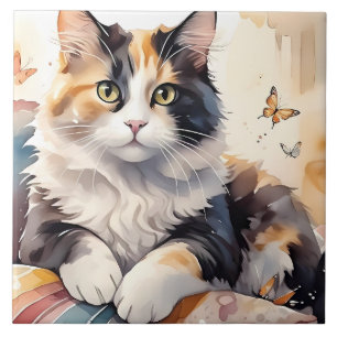 Sprookjesachtige Aquarel Schotse Kat en Vlinders Tegeltje