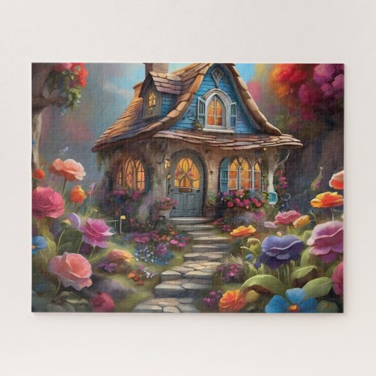 Sprookjesachtige Blauwe Cottage Bloementuin Legpuzzel (Horizontaal)