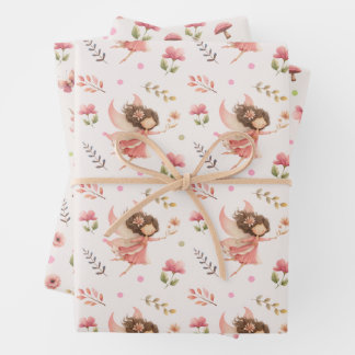Sprookjesachtige & Bloem Illustraties Pastel Roze Inpakpapier Vel