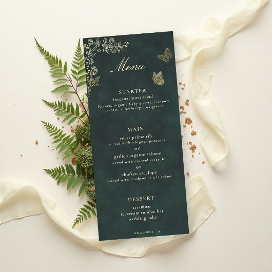 Sprookjesachtige bos bruiloft smaragdgroen magisch menu