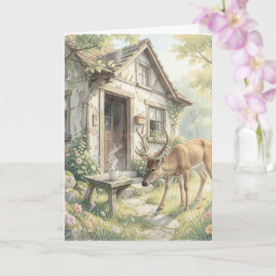 Sprookjesachtige cottage-ansichtkaart – herten en kaart